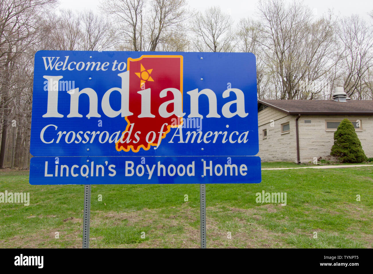 Michigan City, Indiana, USA - April 25, 2019: Indiana welcome sign at a rest area along Interstate 94 outside of Michigan City, Indiana. Stock Photo