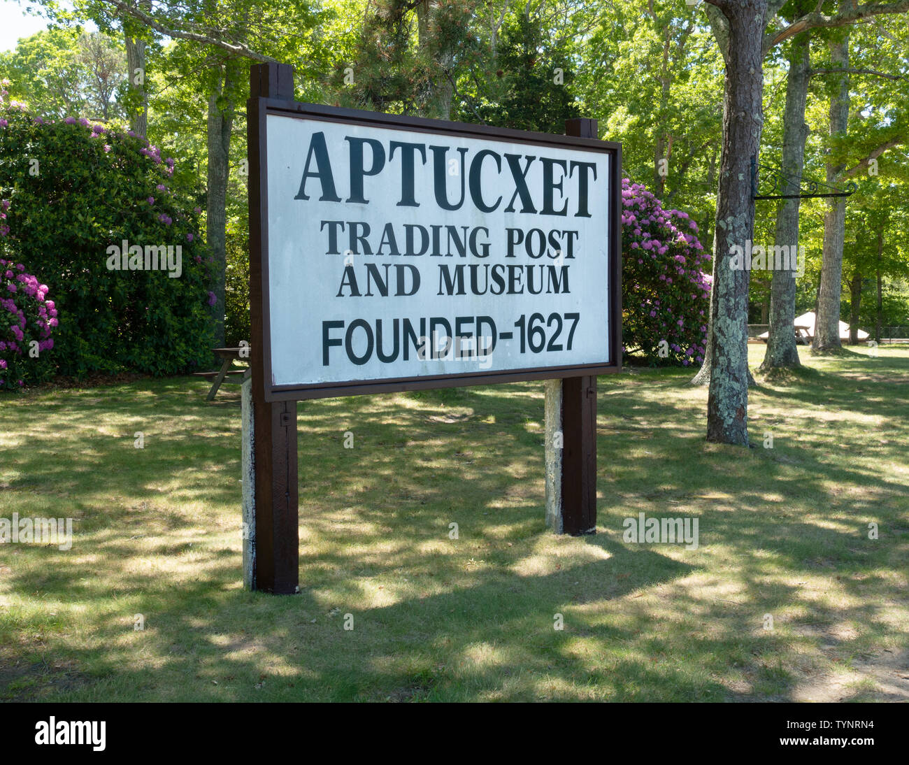 Sign for Aptucxet Trading Post & Museum Founded 1627 in Bourne, Cape Cod, Massachusetts site of Pilgrim Indian trading Stock Photo