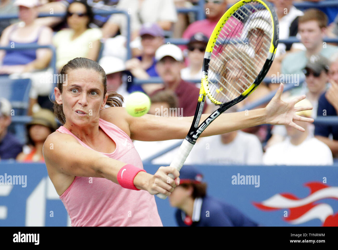 Roberta Vinci of Italy hits a backhand in her 4th round match against Camila Giorgi of Italy on day eight at the U.S. Open Tennis Championships at the USTA Billie Jean King National Tennis Center in New York City on September 2, 2013. Vinci defeated Giorgi 6-4, 6-2.   UPI/John Angelillo Stock Photo