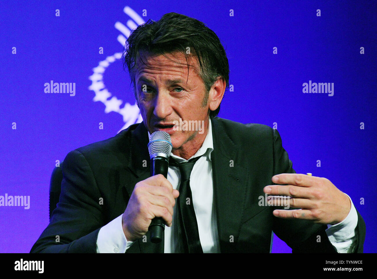 Sean Penn, Ambassador-at-Large for the Republic of Haiti and founder of  J/P Haitian Relief Organization, speaks at the 2013 Clinton Global Initiative Annual Meeting held at the Sheraton Hotel on September 25, 2013 in New York City. The annual event brings together global leaders who work on strategies to solve global problems such as poverty and social injustices.     UPI/Monika Graff Stock Photo