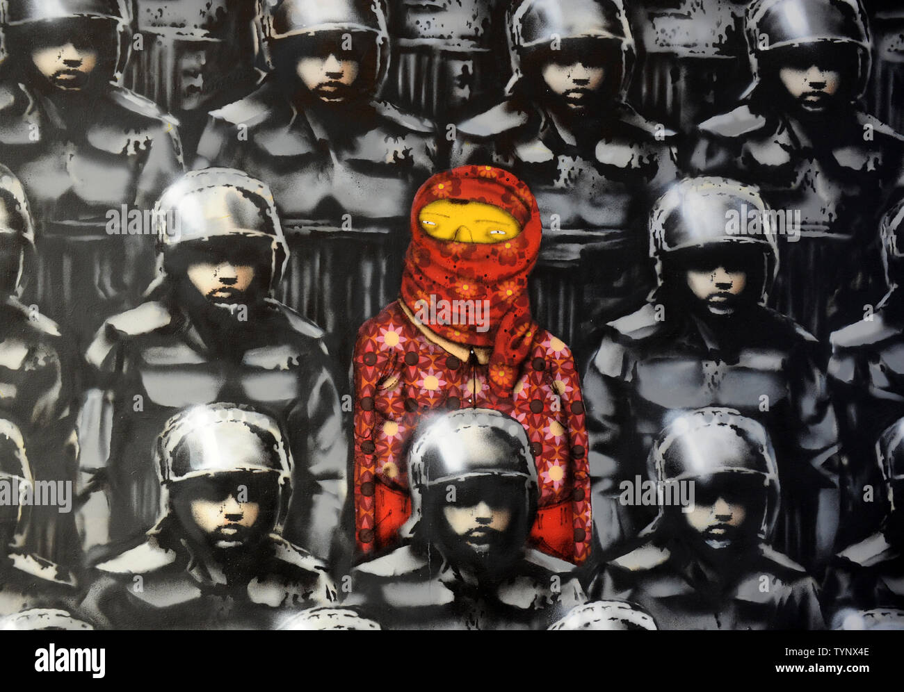 A close look at an art work created by British street artist Banksy stands at a temporary outdoors exhibition space on the west side of Manhattan in New York City on October 18, 2013. Banksy is a pseudonymous England-based graffiti artist, political activist, film director, and painter. His satirical street art and subversive epigrams combine dark humor with graffiti done in a distinctive stenciling technique.    UPI/Dennis Van Tine Stock Photo