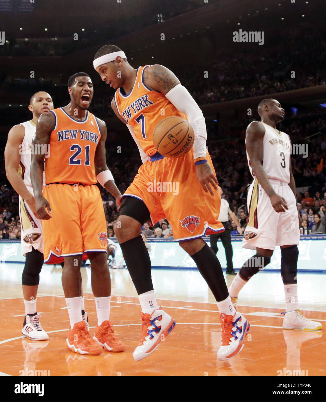 New York Knicks Iman Shumpert Reacts After Carmelo Anthony Dunks The Basketball In The First Half Against The New Orleans Pelicans At Madison Square Garden In New York City On December 1