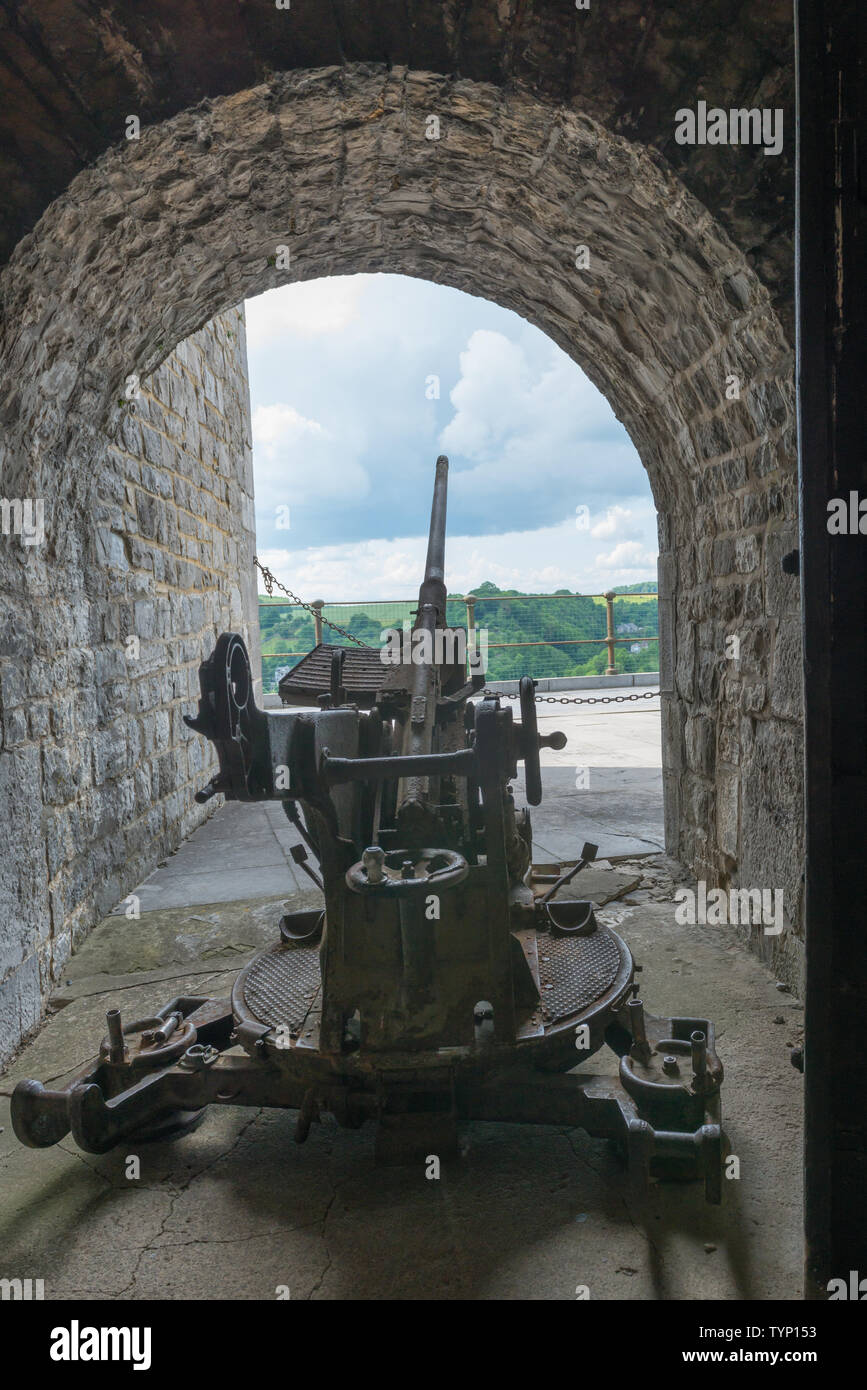 Anti-aircraft machine gun in the museum of the citadel of Dinant, Belgium Stock Photo