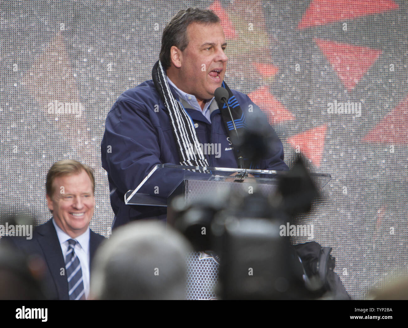 Booed for his entire time speaking, New Jersey Govenor Chris Christie delivers remarks during the official 2014 Handoff Ceremony:NY/NJ Super Bowl Host Committee event at Super Bowl Boulevard , a fan experience, in New York on February 1, 2014.  The Seattle Seahawks and Denver Broncos will play in Super Bowl XLVIII at MetLife Stadium in East Rutherford, New Jersey February 2nd.   UPI/Gary C. Caskey Stock Photo