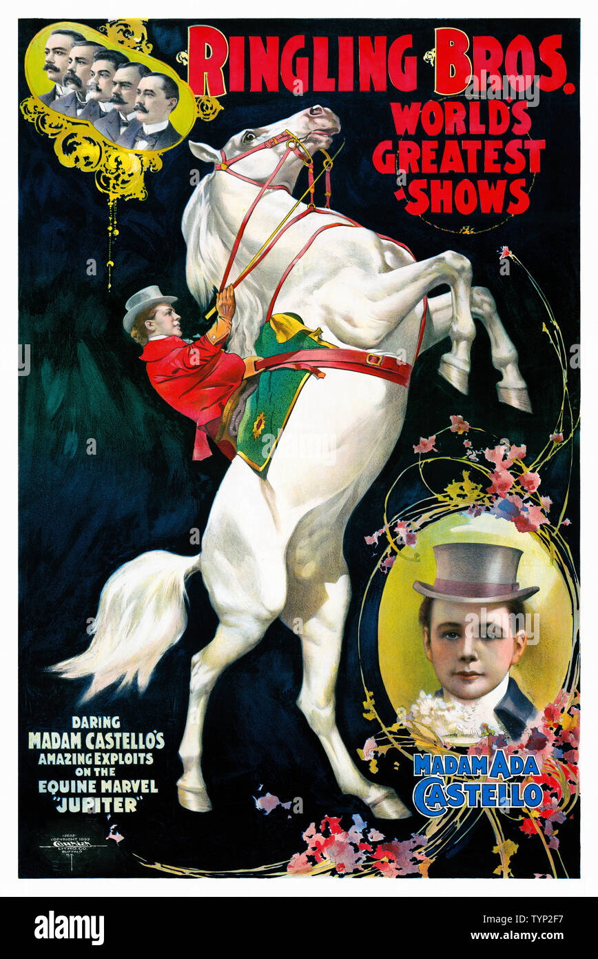 Ringling Bros. World's Greatest Shows - Madam Ada Castello. Published 1899. Artist unknown. Restored vintage circus poster. Stock Photo