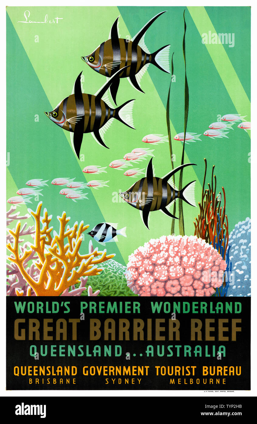 Restored vintage travel poster. World's premier wonderland, Great Barrier Reef, Queensland, Australia. Noel Pasco Lambert (1889-1974). Published 1936. Stock Photo