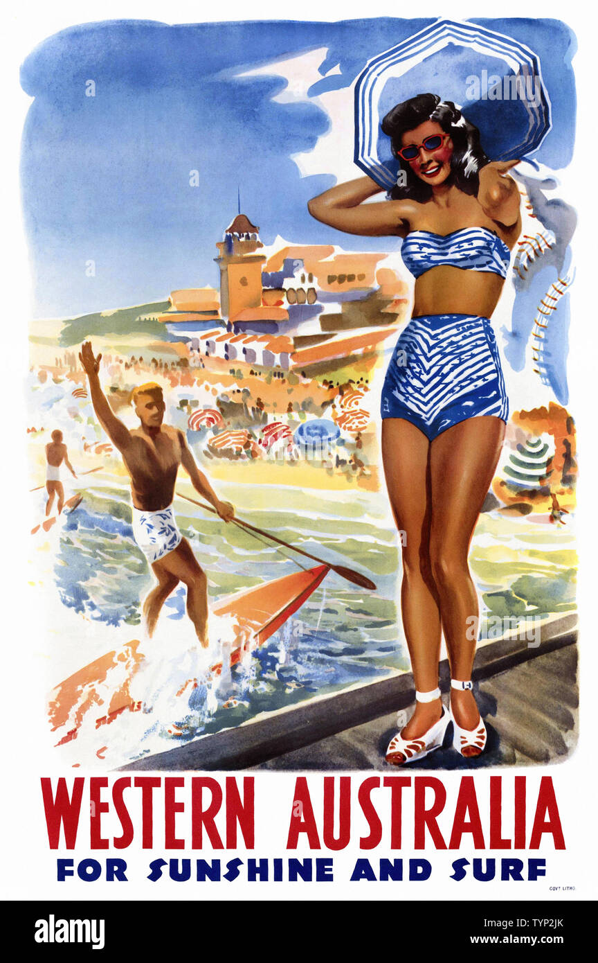 Western Australia for sunshine and surf. Published 1940s. Artist unknown. Restored vintage travel poster. Stock Photo