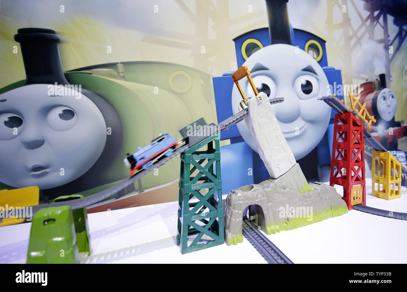 A Mattel Thomas and Friends Trackmaster operates on display at the