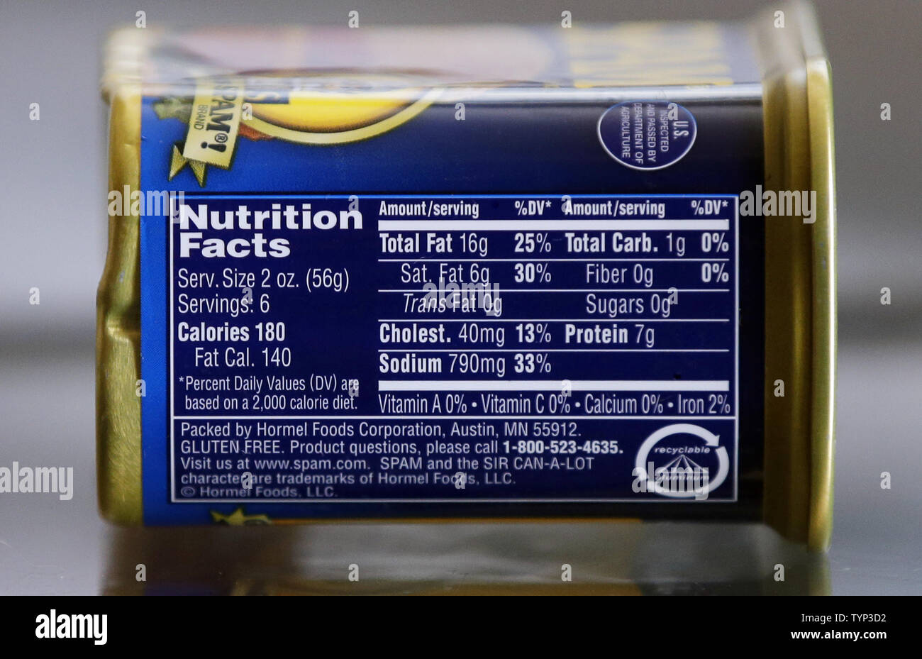 A nutritional label appears on the back of a canned food product in New