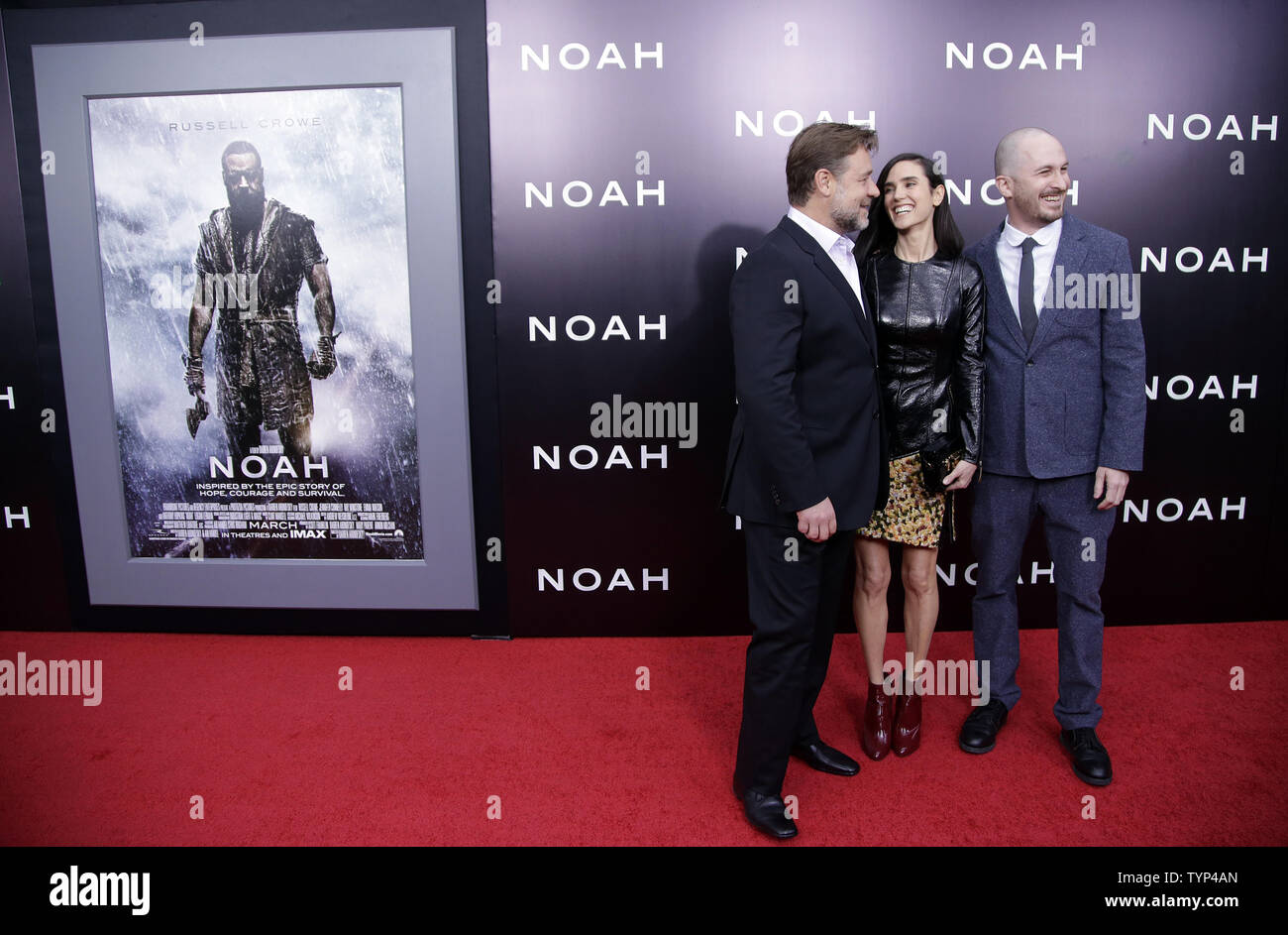 Director Darren Aronofsky, Jennifer Connelly and Russell Crowe arrive on the red carpet at the New York Premiere of Noah at the Ziegfeld Theatre in New York City on March 26, 2014.       UPI/John Angelillo Stock Photo