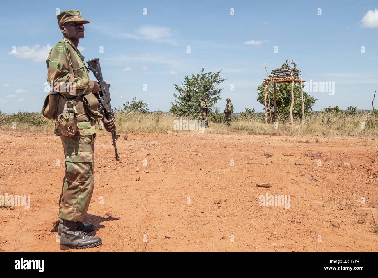 A Zambian Soldier stands guard during his Battalions predeployment