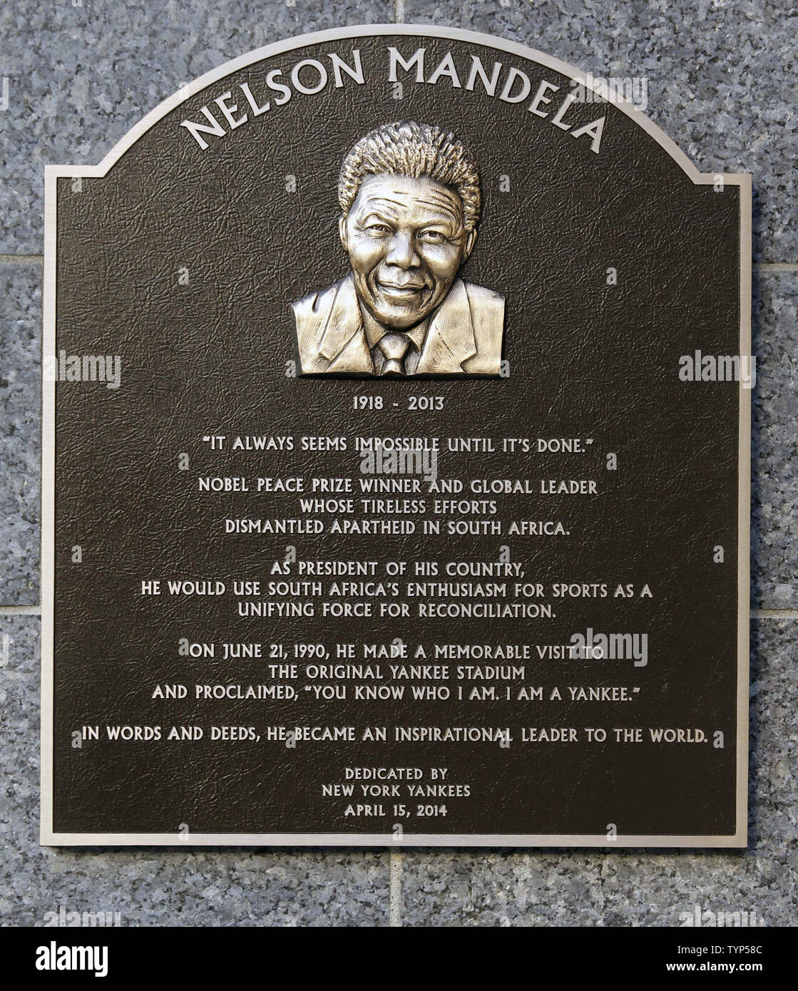 A plaque honoring the late South African President Nelson Mandela is  unveiled in Monument Park on Jackie Robinson Day in game 2 of a double header against the Chicago Cubs at Yankee Stadium in New York City on April 16, 2014.   New York Yankees All Rights Reserved/  UPI Stock Photo