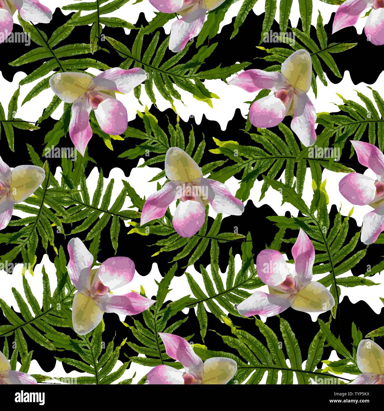 Colorful trendy seamless pattern with orchid flowers, white and black ...