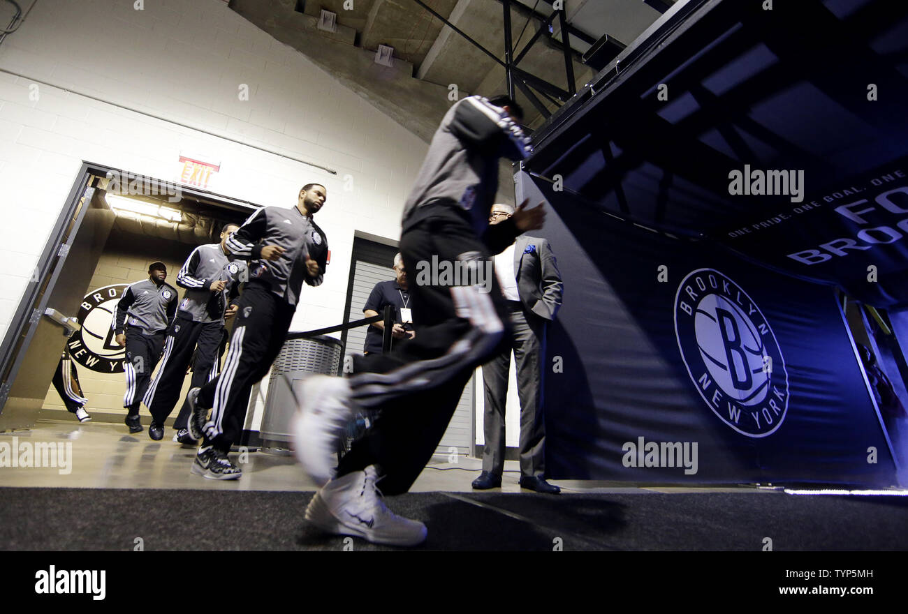 The Brooklyn Nets take the court before the game against the Toronto Raptors in Game 4 of the Eastern Conference Quarterfinals at Barclays Center in New York City on April 27, 2014.   UPI/John Angelillo Stock Photo
