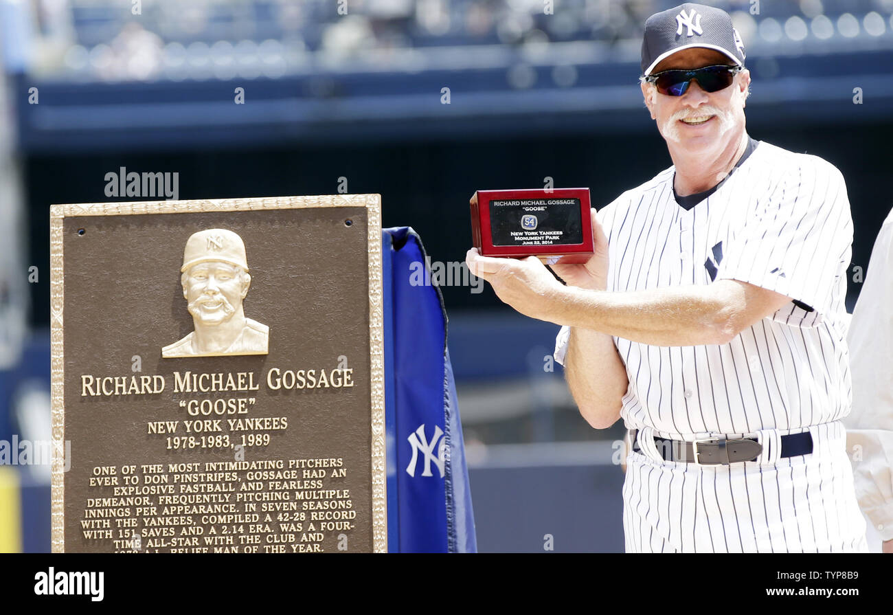 Retired New York Yankee pitcher Goose Gossage holds a ring while standing with his monument that will be placed in Monument Park at the 68th Annual Old-Timers' Day before the New York Yankees play the Baltimore Orioles at Yankee Stadium in New York City on on June 22, 2014.   UPI/John Angelillo Stock Photo