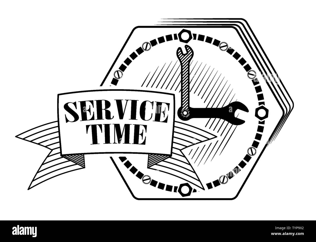 Emblem or logo for car service or repair of cars. Clock with wrenches. Place for text. Technical support or service site. Stock Vector