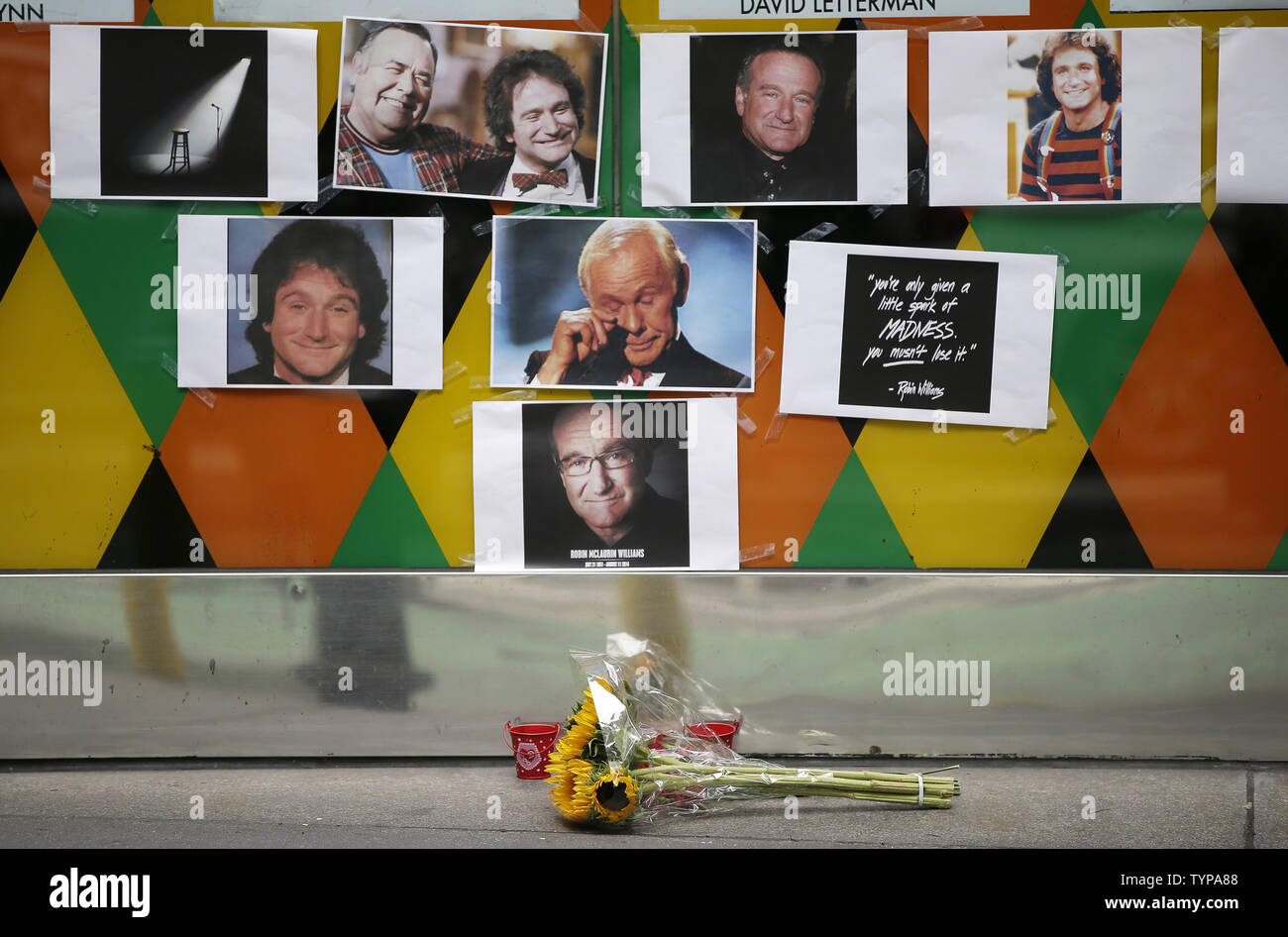 A tribute and memorial containing flowers, cards, candles and pictures of the late Robin Williams are placed at the entrance to Carolines on Broadway comedy club in New York City on August 12, 2014. Robin Williams committed suicide by hanging himself with a belt, the coroner said Tuesday in a press conference detailing the preliminary findings surrounding the actor and comedian's death.          UPI/John Angelillo Stock Photo