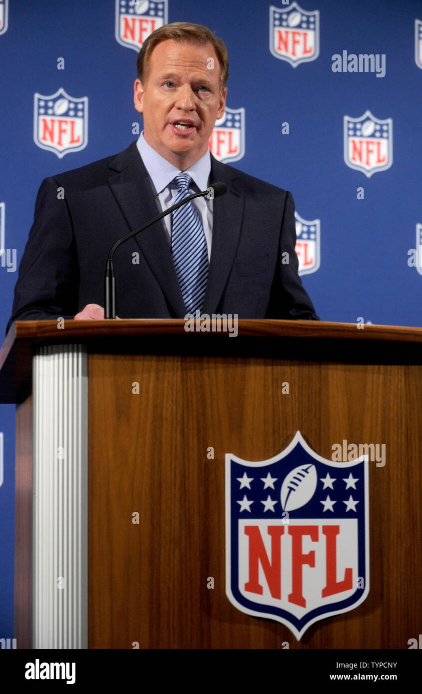 National Football League (NFL) Commissioner Roger Goodell speaks to the media at a press conference on Domestic Violence Issues and the NFL's Personal Conduct Policy in New York City on September 19, 2014. Goodell admitted today that he 'got it wrong' when it came to the recent Ray Rice incident, pledging that he 'will get it right' going forward.     UPI/Dennis Van Tine Stock Photo