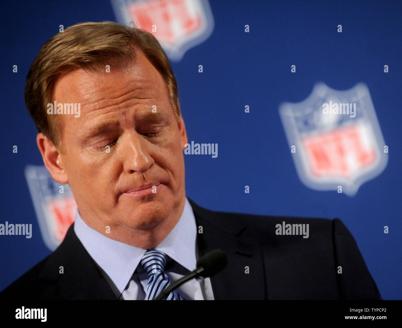 National Football League (NFL) Commissioner Roger Goodell speaks to the media at a press conference on Domestic Violence Issues and the NFL's Personal Conduct Policy in New York City on September 19, 2014. Goodell admitted today that he 'got it wrong' when it came to the recent Ray Rice incident, pledging that he 'will get it right' going forward.     UPI/Dennis Van Tine Stock Photo