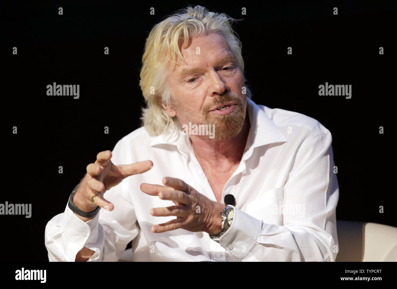 CEO and Founder of Virgin Group Sir Richard Branson speaks at a 'Climate Week NYC' event at the Morgan Library and Museum in New York City on September 22, 2014. 'Climate Week NYC' events are scheduled to continue through Sunday, September 28 and coincide with the U.N.'s 2014 Climate Summit.     UPI/John Angelillo Stock Photo