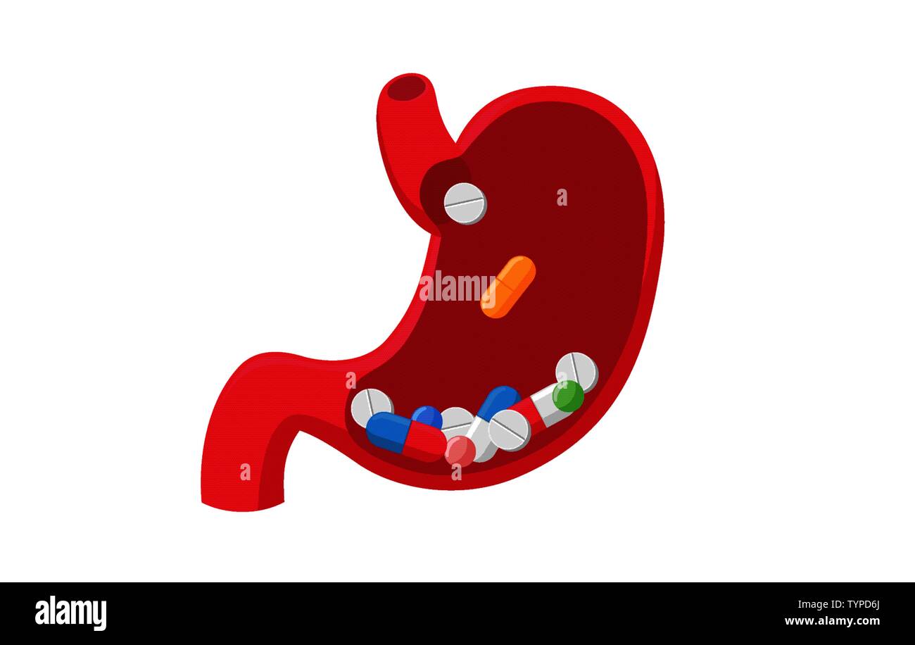 Pills tablets in human stomach. Taking medicine orally. Medical treatment dependence on medicines concept. Vector digestion organ flat illustration Stock Vector