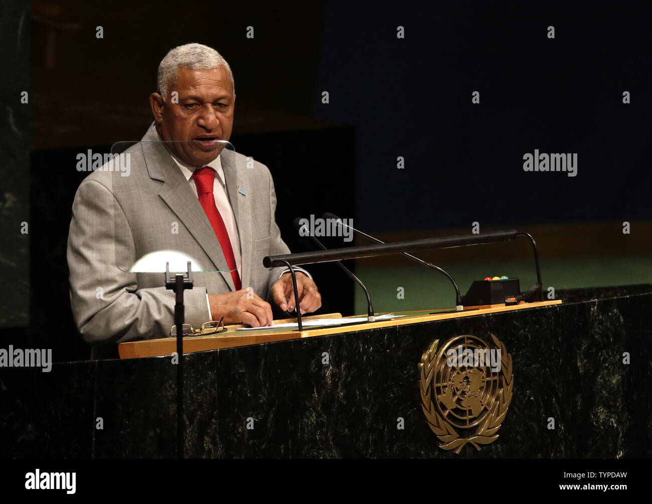 Prime Minister and Commander of the Military Forces of the Republic of Fiji Commodore Josaia Bainimarama speaks at the 69th United Nations General Assembly General Debate in the UN building in New York City on September 27, 2014. The General Assembly, comprised of all 193 Members of the United Nations, provides a unique forum for multilateral discussion of the full spectrum of international issues.     UPI/John Angelillo Stock Photo