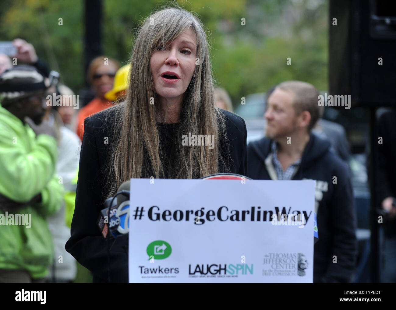 Sally Wade speaks at the George Carlin Way Unveiling Ceremony in New York City on October 22, 2014. During a special ceremony Wednesday afternoon, a sign went up on the block naming it 'George Carlin Way'.  The late comedian grew up on West 121st Street between Broadway and Amsterdam in Morningside Heights.       UPI/Dennis Van Tine Stock Photo