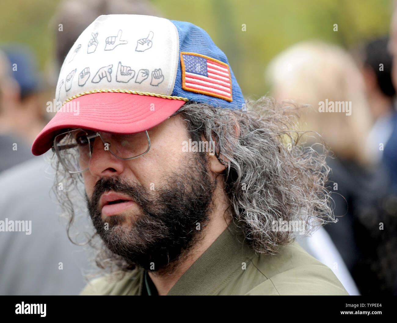 Judah Friedlander stands on the street at the George Carlin Way Unveiling Ceremony in New York City on October 22, 2014. During a special ceremony Wednesday afternoon, a sign went up on the block naming it 'George Carlin Way'.  The late comedian grew up on West 121st Street between Broadway and Amsterdam in Morningside Heights.       UPI/Dennis Van Tine Stock Photo