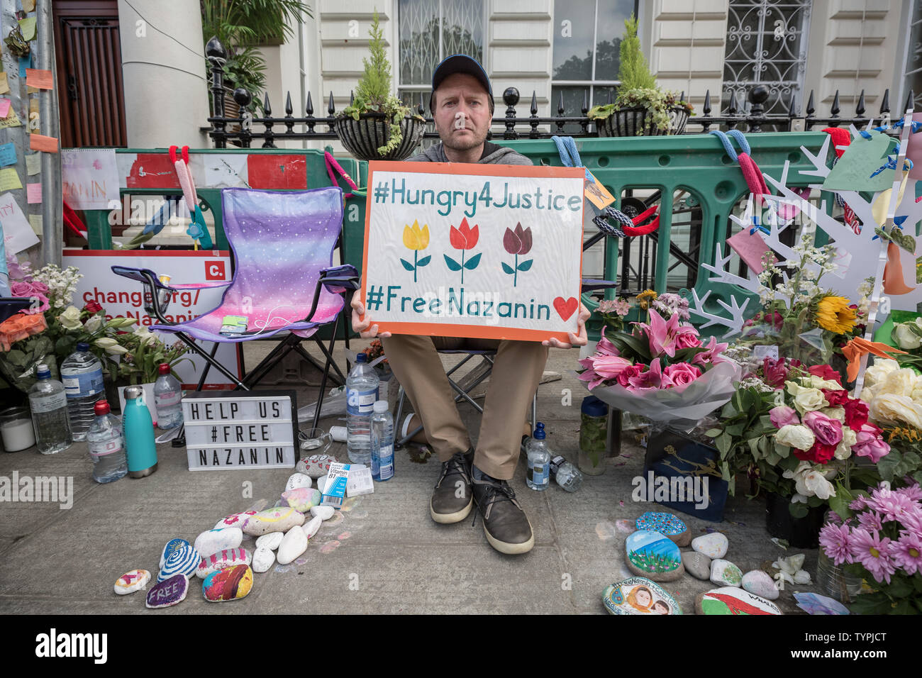 London, UK. 26th June 2019. Richard Ratcliffe, hunger strike day 12 in support of his wife: Nazanin Zaghari-Ratcliffe outside the Embassy of Iran. Credit: Guy Corbishley/Alamy Live News Stock Photo