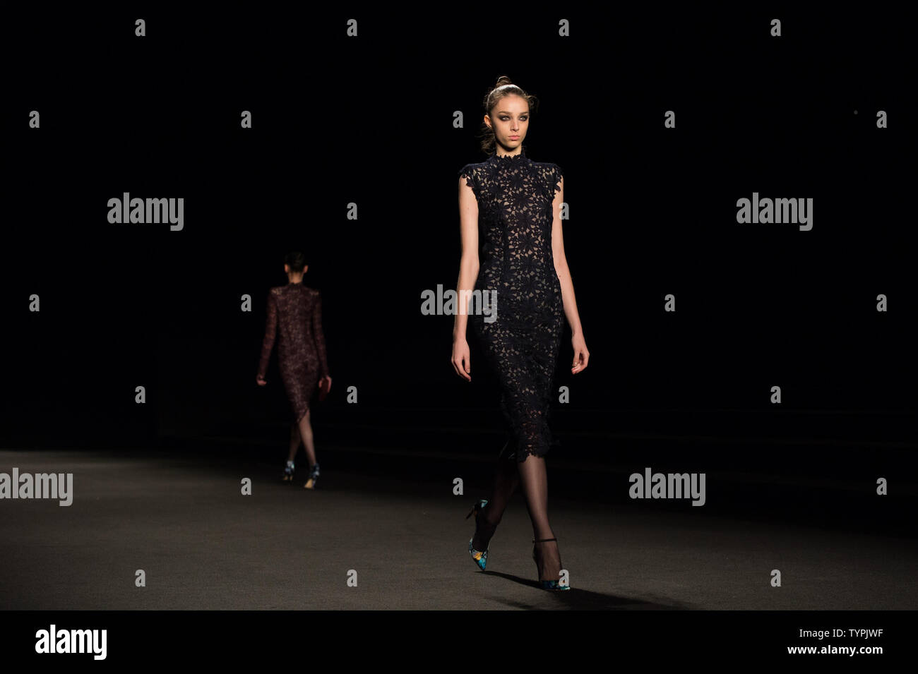 A model walks on the runway at the Monique Lhuillier fashion show during Mercedes-Benz Fashion Week at Lincoln Center in New York City on February 13, 2015. February's New York Fashion Week will be the last one held at Lincoln Center.       Photo by Andrea Hanks/UPI Stock Photo