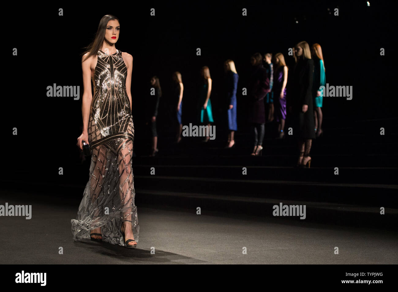 A model walks on the runway at the Monique Lhuillier fashion show during Mercedes-Benz Fashion Week at Lincoln Center in New York City on February 13, 2015. February's New York Fashion Week will be the last one held at Lincoln Center.       Photo by Andrea Hanks/UPI Stock Photo