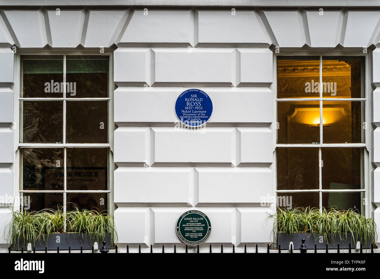 Sir Ronald Ross 1857-1932, discoverer of the mosquito transmission of Malaria, lived at this house at 18 Cavendish Square, Marylebone. GLC Blue Plaque Stock Photo