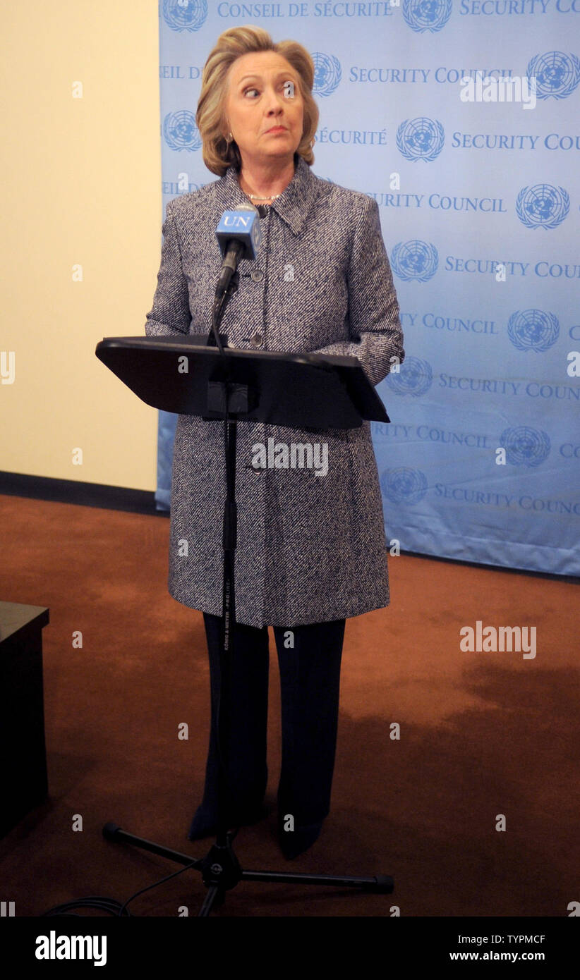 Former Secretary of State Hillary Rodham Clinton speaks at a press conference at the United Nations Building in New York City on March 10, 2015. A recent scandal related to Clinton's use of private email accounts may violate federal rules requiring officials to keep all their communications for record-keeping purposes.   Photo by Dennis Van Tine/UPI Stock Photo