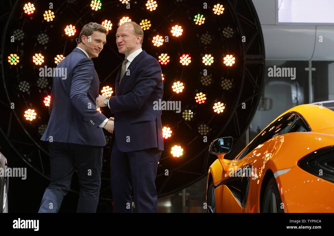 Mike Flewitt Chief Executive Officer Of Mclaren And Rob Melville Chief Designer Of Mclaren Shake Hands