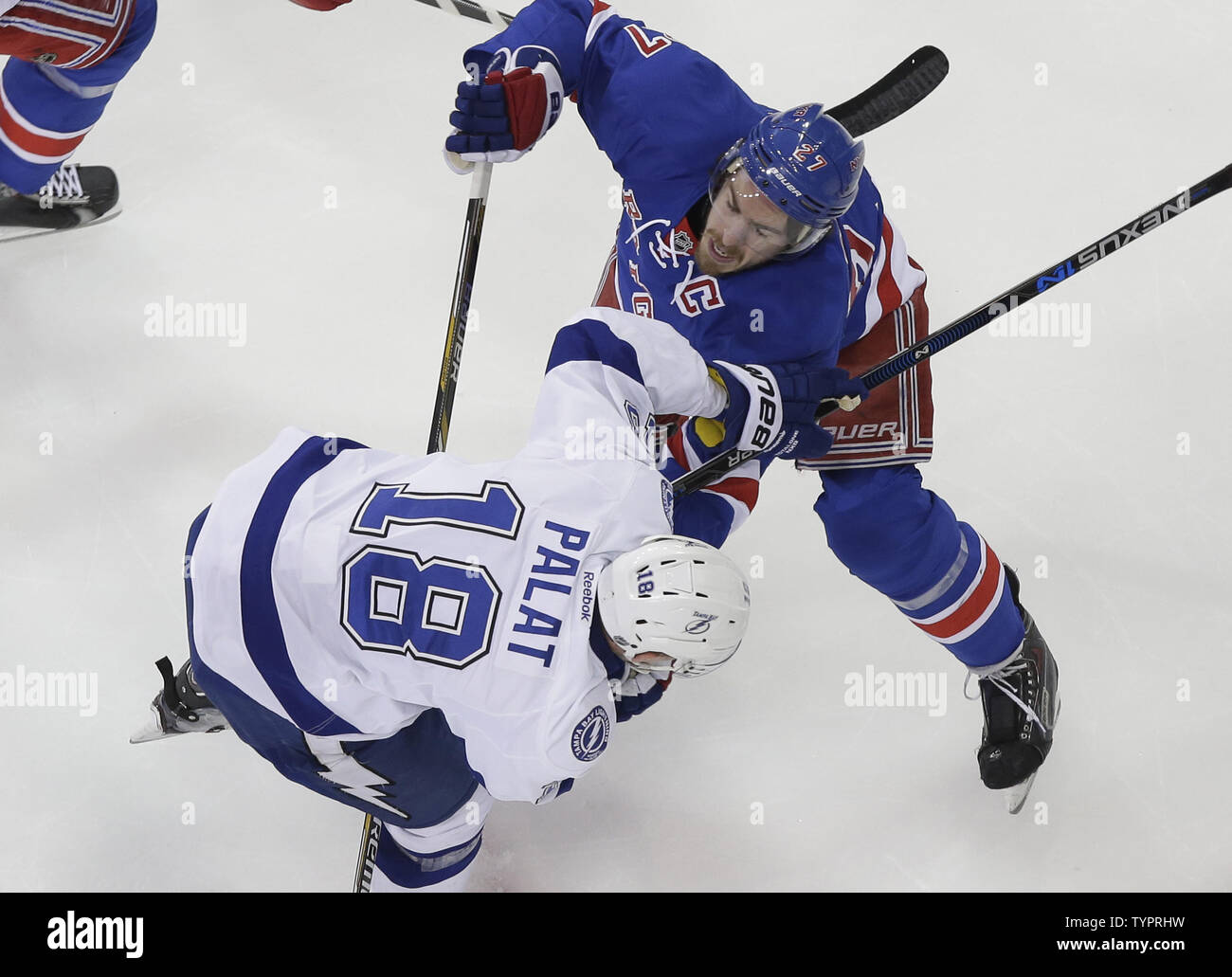 Tampa Bay Lightning Ondrej Palat and New York Rangers  Ryan McDonagh battle on the ice in the first period in game 7 in the Eastern Conference Finals of the Stanley Cup Playoffs at Madison Square Garden in New York City on May 29, 2015.         Photo by John Angelillo/UPI Stock Photo