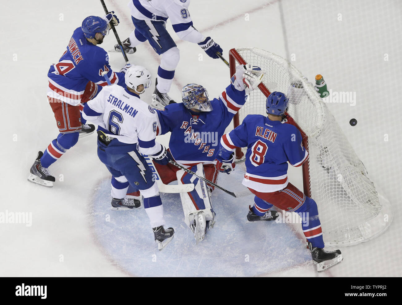 New York Rangers Henrik Lundqvist watches the puck go just over the ...