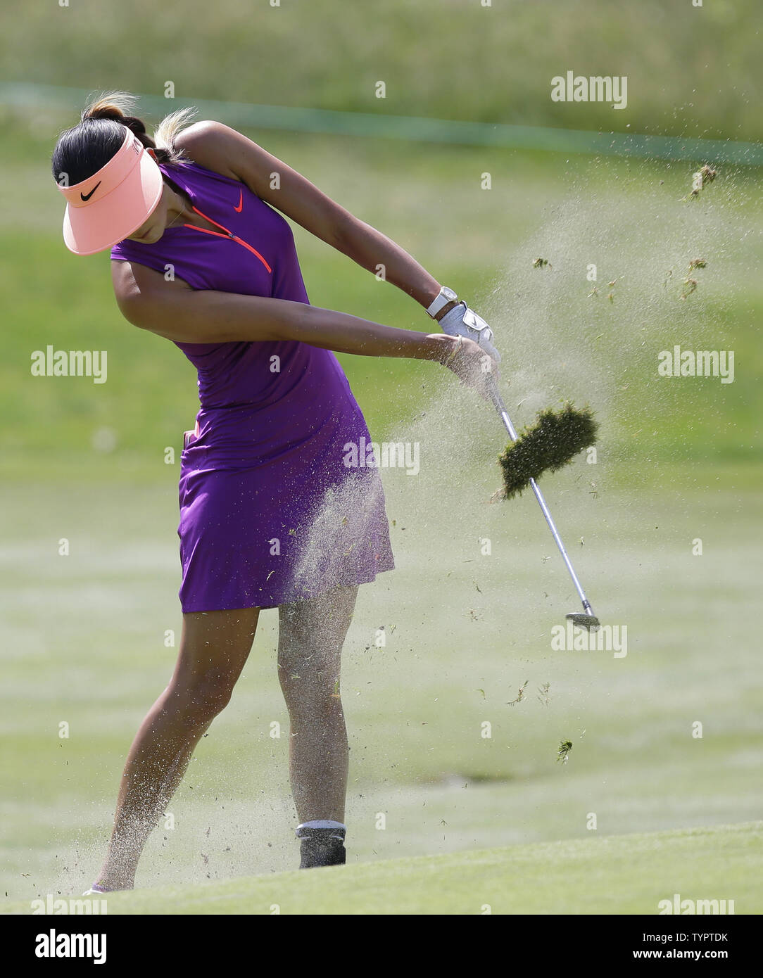Michelle Wie hits her approach shot on the 10th hole in the final round of the KPMG Women's PGA Championship at Westchester Country Club in Harrison, NY on June 14, 2015.     Photo by John Angelillo/UPI Stock Photo