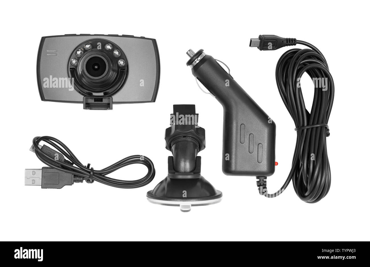 Dashboard camera DVR video recorder set isolated on white background Stock Photo