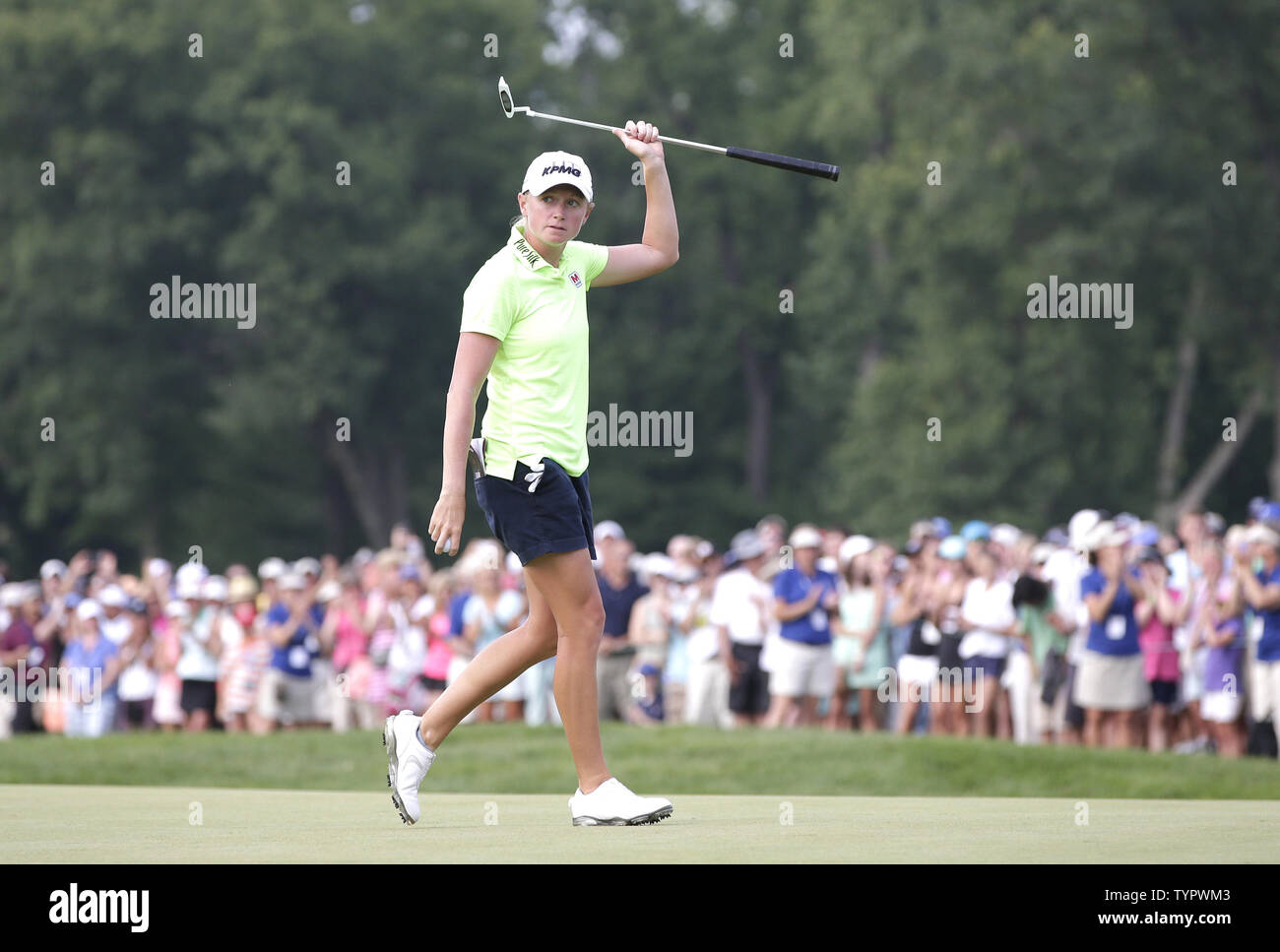 Stacy Lewis reacts to the applause on the 18th green in the final round of the LPGA U.S. Women's Open Championship at Lancaster Country Club in Lancaster, PA on July 12, 2015. In Gee Chun of Korea wins the U.S. Women's Open and her first LPGA major championship with a score of 8 under par.     Photo by John Angelillo/UPI Stock Photo