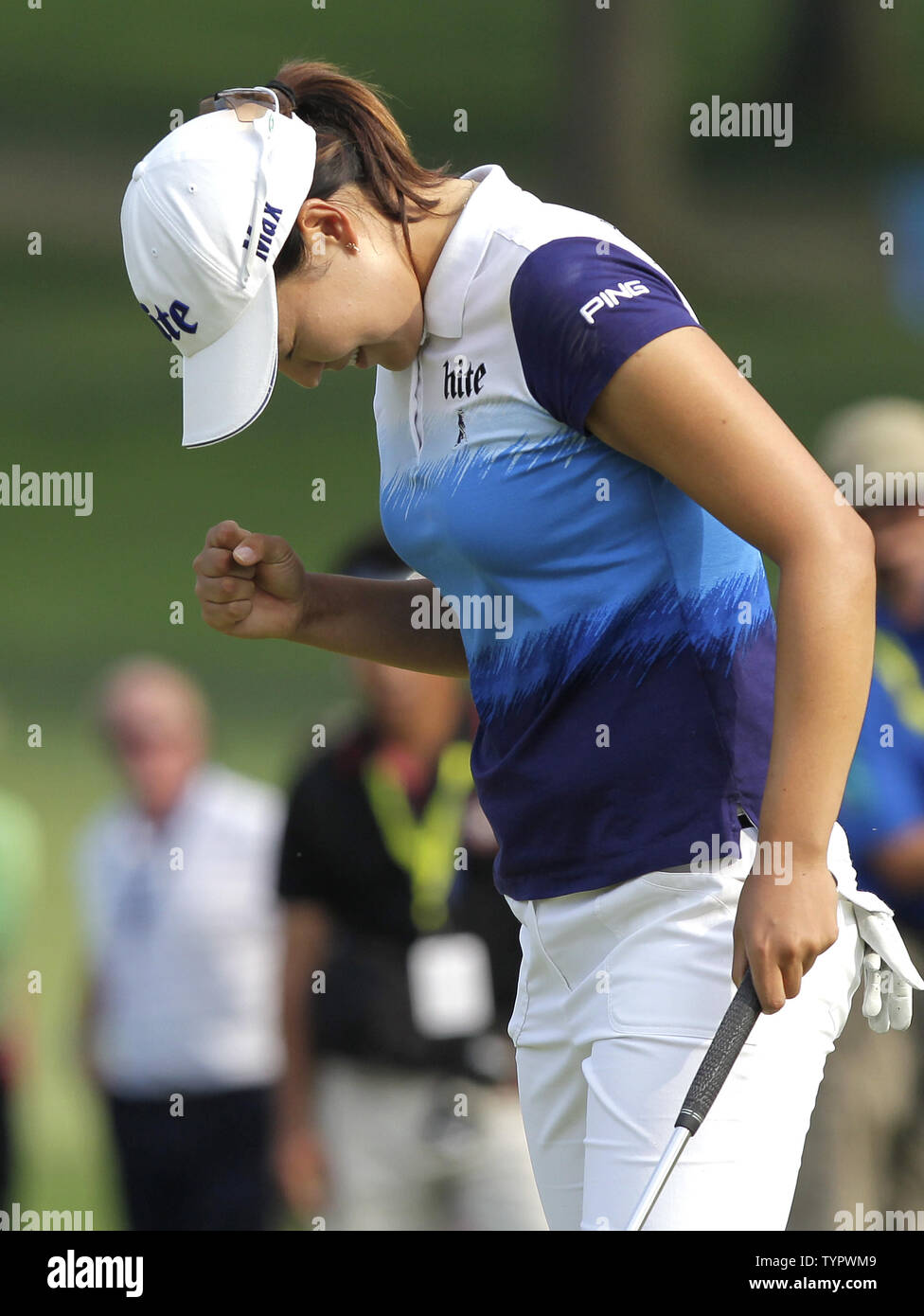 In Gee Chun of Korea celebrates after making a birdie putt on the 16th green in the final round of the LPGA U.S. Women's Open Championship at Lancaster Country Club in Lancaster, PA on July 12, 2015. Chun wins the U.S. Women's Open and her first LPGA major championship with a score of 8 under par.     Photo by John Angelillo/UPI Stock Photo
