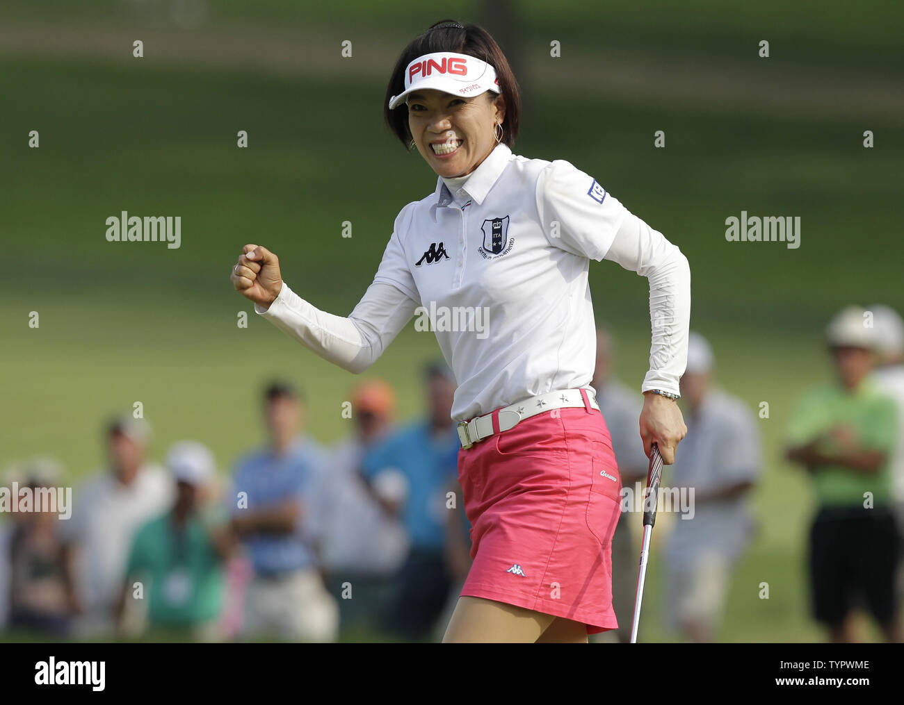 Shiho Oyama of Japan celebrates after making a putt for birdie on the 16th hole in the final round of the LPGA U.S. Women's Open Championship at Lancaster Country Club in Lancaster, PA on July 12, 2015. In Gee Chun of Korea wins the U.S. Women's Open and her first LPGA major championship with a score of 8 under par.     Photo by John Angelillo/UPI Stock Photo