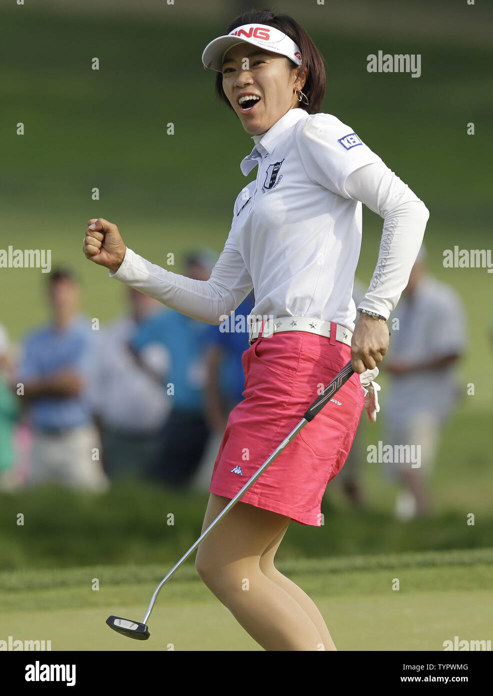Shiho Oyama of Japan celebrates after making a putt for birdie on the 16th hole in the final round of the LPGA U.S. Women's Open Championship at Lancaster Country Club in Lancaster, PA on July 12, 2015. In Gee Chun of Korea wins the U.S. Women's Open and her first LPGA major championship with a score of 8 under par.     Photo by John Angelillo/UPI Stock Photo