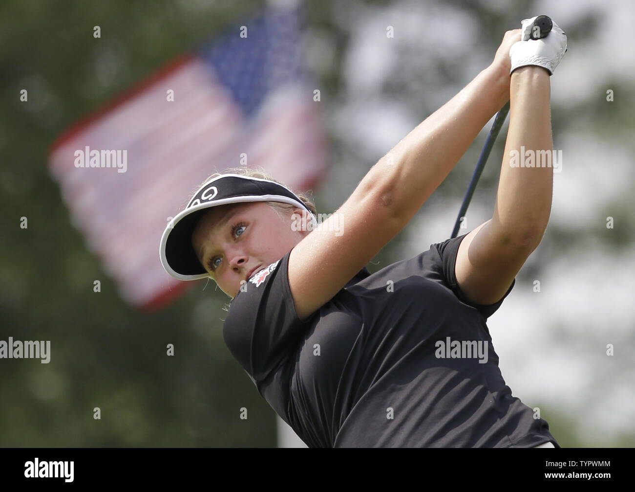Brooke Henderson of Canada hits her tee shot on the 18th hole in the final round of the LPGA U.S. Women's Open Championship at Lancaster Country Club in Lancaster, PA on July 12, 2015. In Gee Chun of Korea wins the U.S. Women's Open and her first LPGA major championship with a score of 8 under par.     Photo by John Angelillo/UPI Stock Photo