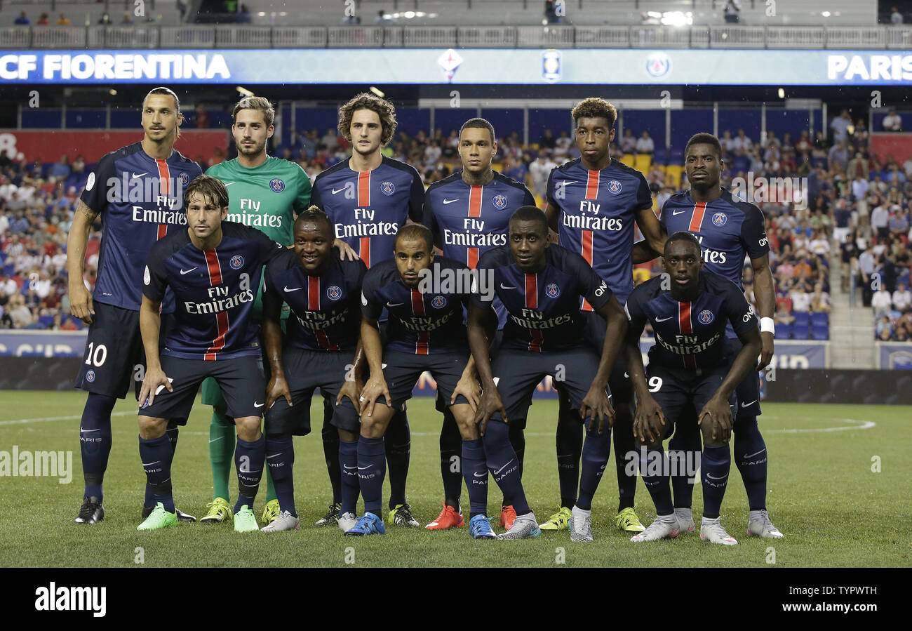 Players of Paris Saint-Germain take a team photo before the game against ACF Fiorentina Mario Gomez at the 2015 International Champions Cup North America at Red Bull Arena in Harrison, NJ  on July 21, 2015. 2015 begins the International Champions Cup's global expansion, with the tournament kicking off three team editions in both Australia and in China.       Photo by John Angelillo/UPI Stock Photo