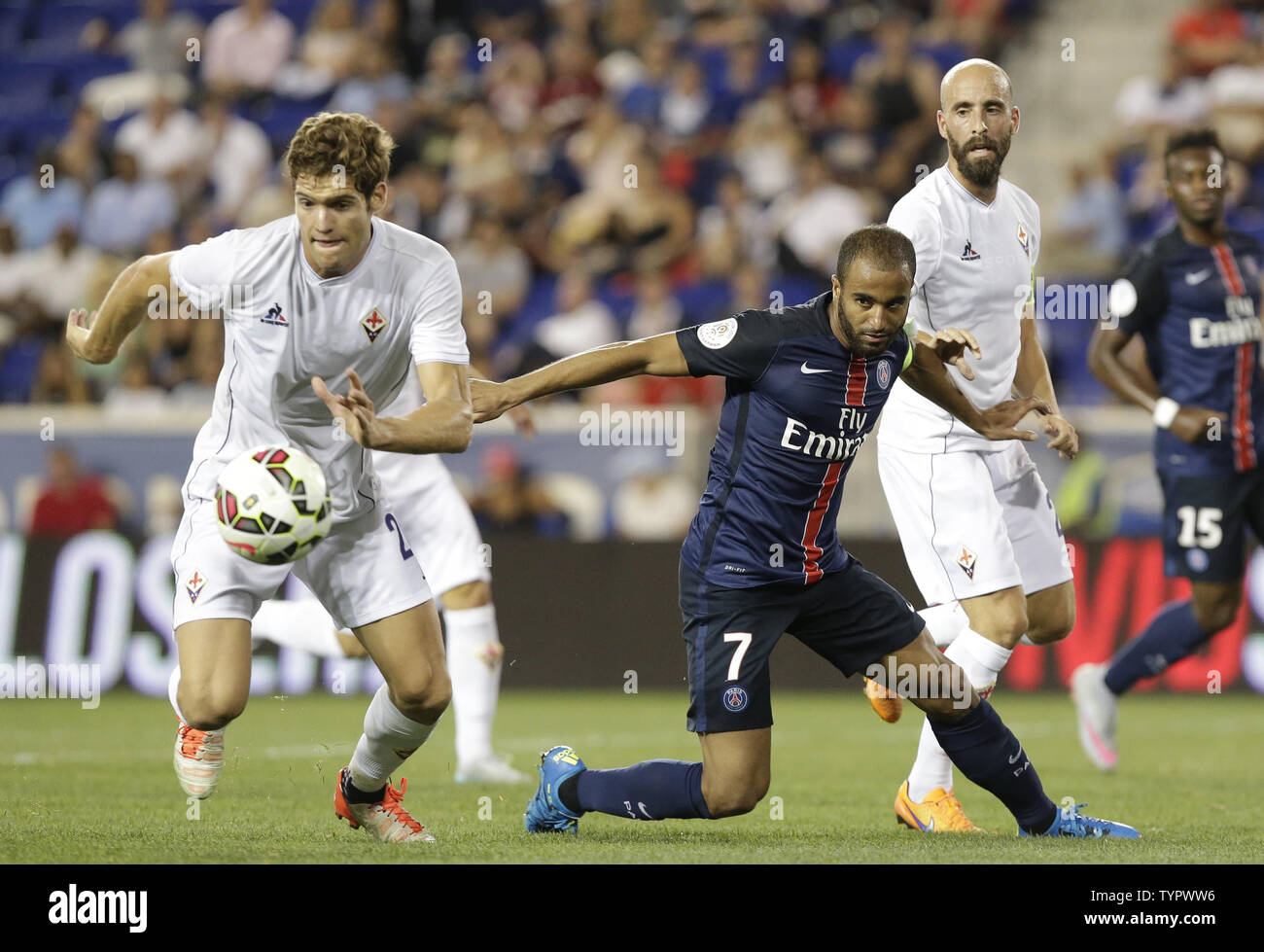 Paris Saint-Germain Lucas Moura and ACF Fiorentina Marcos Alonso battle for  the ball at the 2015 International Champions Cup North America at Red Bull  Arena in Harrison, NJ on July 21, 2015.