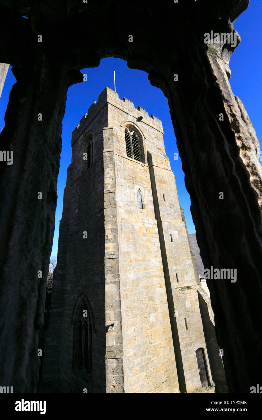 St Nicholas Church and the Marmion Tower, West Tanfield village, North Yorkshire, England Stock Photo