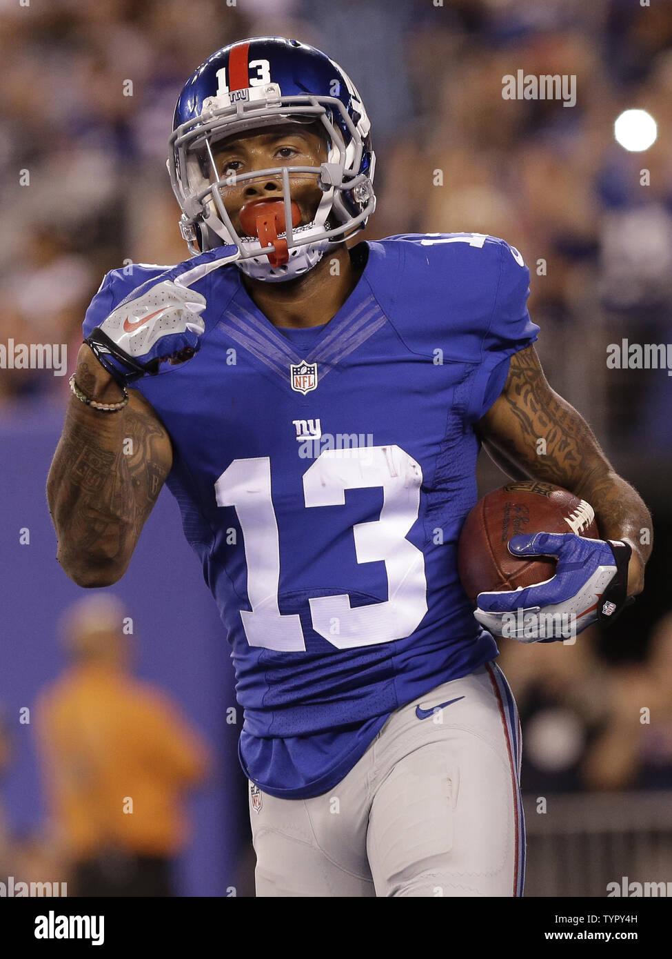 New York Giants Odell Beckham Jr. points to himself after he fails to make  a reception in the first half of an NFL pre season game against the  Jacksonville Jaguars at MetLife