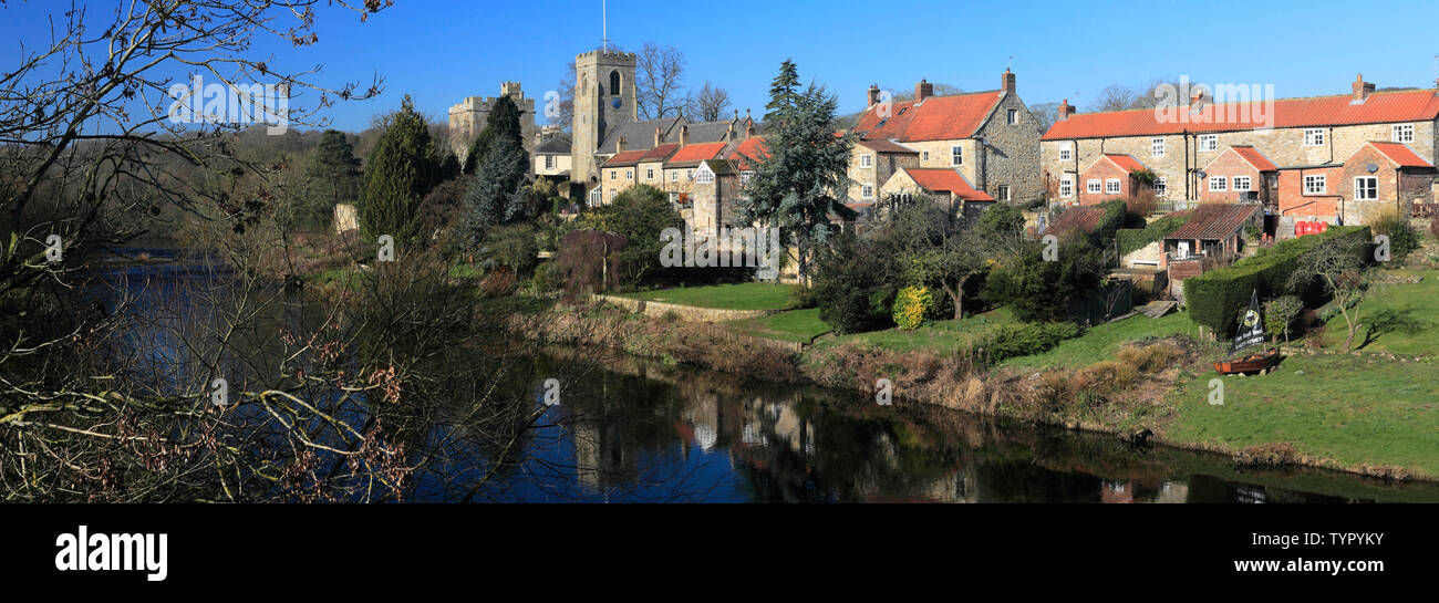 St Nicholas Church and the Marmion Tower, River Ure, West Tanfield village, North Yorkshire, England Stock Photo