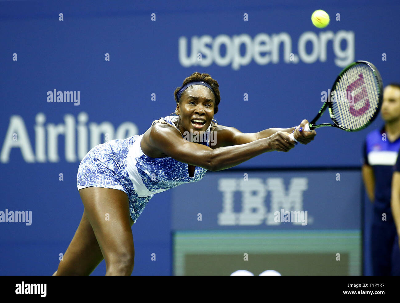 Venus Williams of the USA returns the ball to Irina Falconi (USA) in the first set of their second round match at the US Open Tennis Championships at the USTA Billie Jean King National Tennis Center in New York City on September 2, 2015.     Photo by Monika Graff/UPI Stock Photo