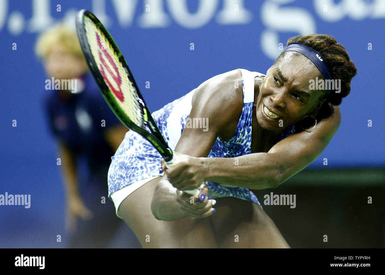 Venus Williams of the USA returns the ball to Irina Falconi (USA) in the second set of their second round match at the US Open Tennis Championships at the USTA Billie Jean King National Tennis Center in New York City on September 2, 2015.     Photo by Monika Graff/UPI Stock Photo